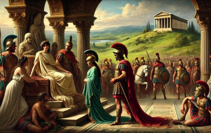Aeneas, Latium’da Kral Latinus ve kızı Lavinia ile karşılaşıyor. Latinus, Aeneas’ın tanrıların gönderdiği bir kahraman olduğuna inanıyor.